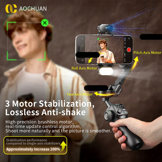 AOCHUAN Smart V8 3-Axis Handheld Gimbal Phone Stabilizer with Extension Rod Tripod Face Tracking for iPhone Android Tiktok Vlog