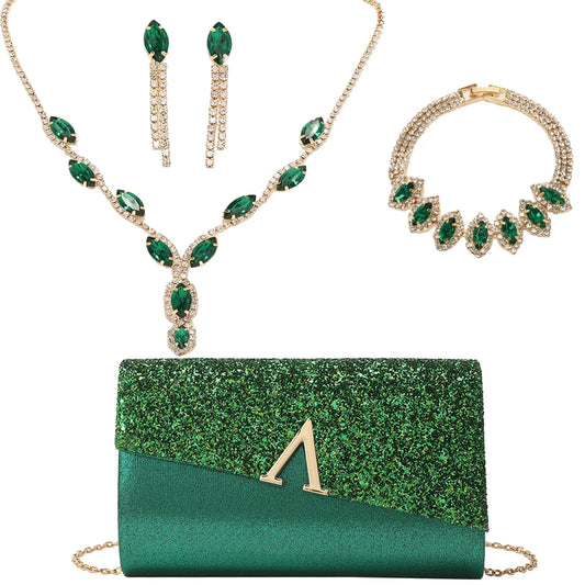 Evening Clutch Bag Rhinestone Ear Clip Bridal Wedding Choker Bracelet Dangle Bling Glitter Purse Jewelry Set